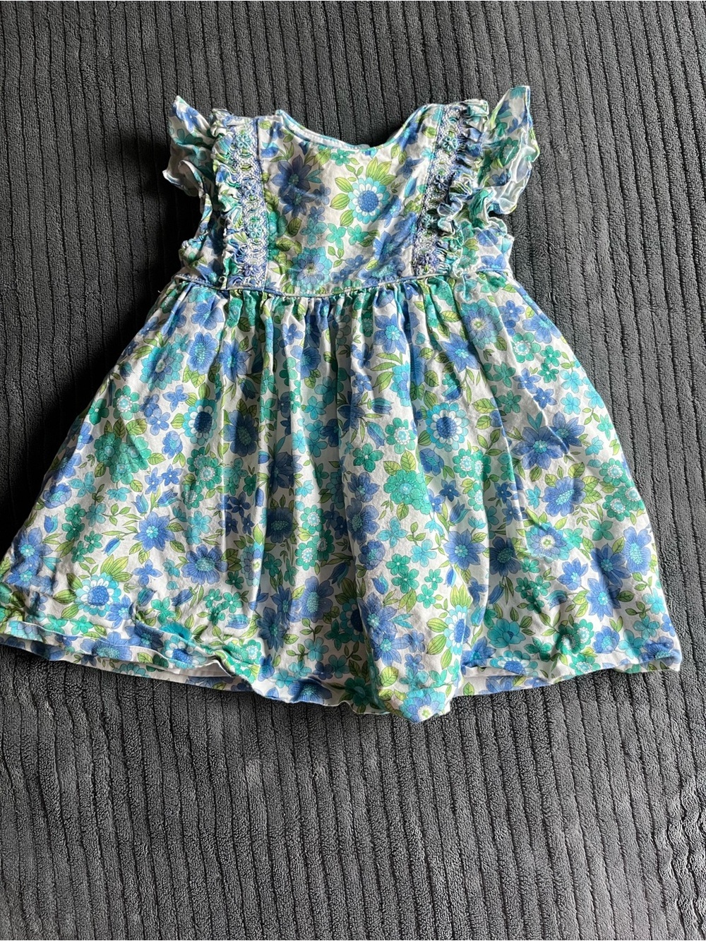 Girls' Floral Casual Smocked Dress - Blue & Green | 12 Months